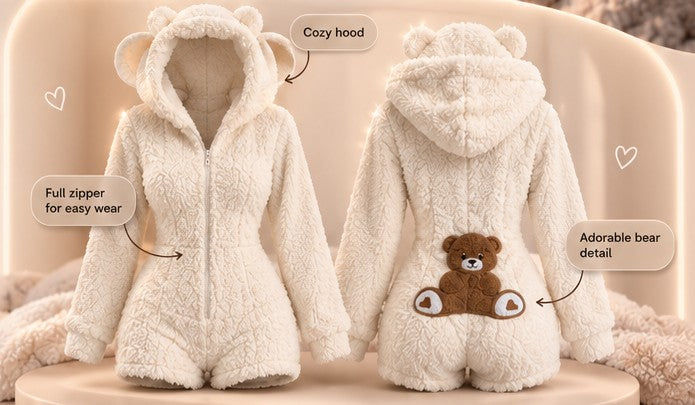 Front and back views of the cozy bear romper